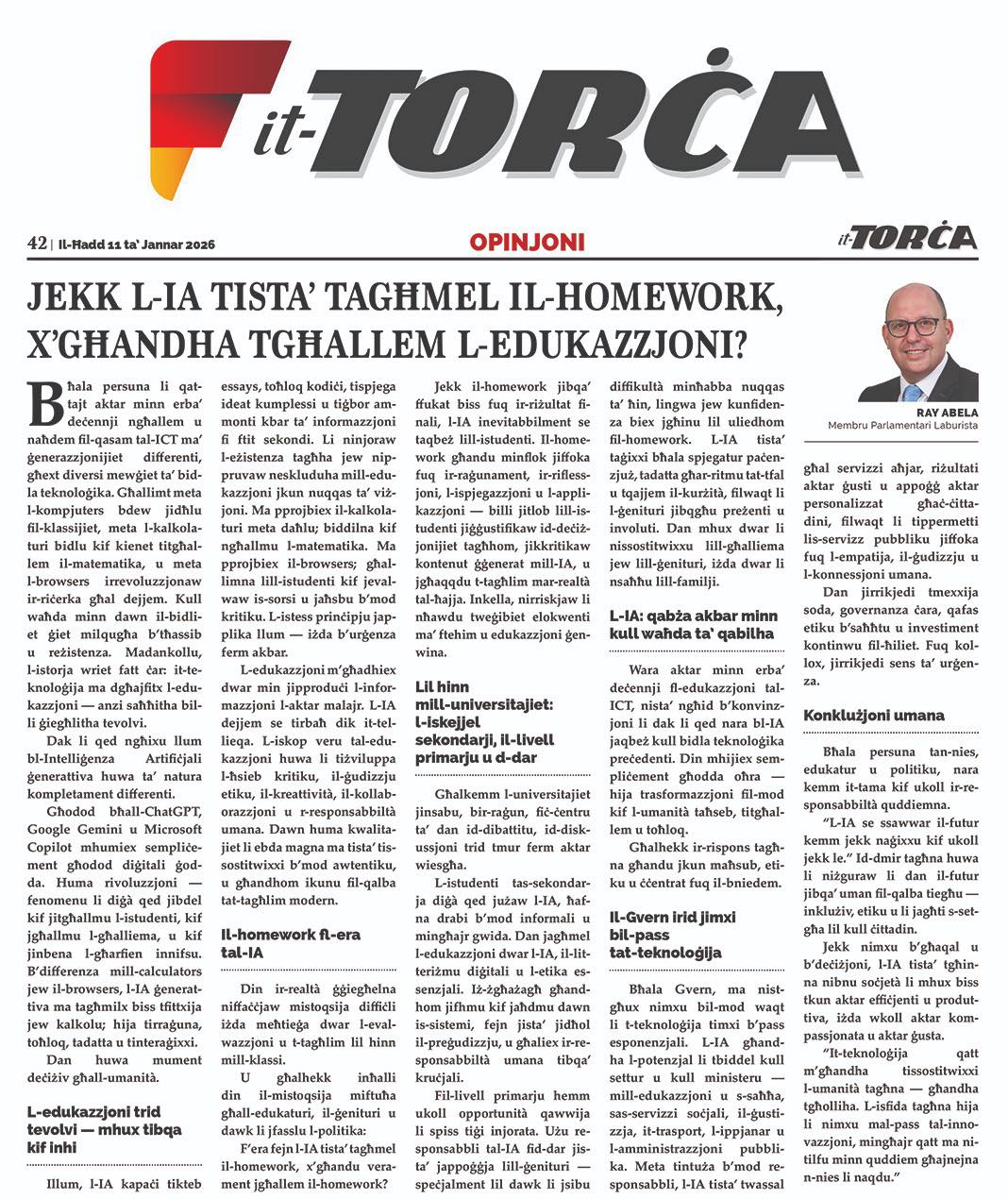 Ray Abela — article excerpt, it-Torċa, January 11, 2026